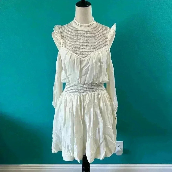 NWT Cing A Sept Shahla Dress Ivory Ruffled Cold Shoulder 100% Silk Mini Size 4 - Picture 2 of 8